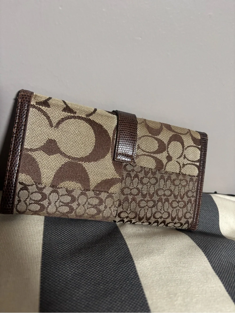 Coach Brown Signature Canvas Wallet with Buckle Detail